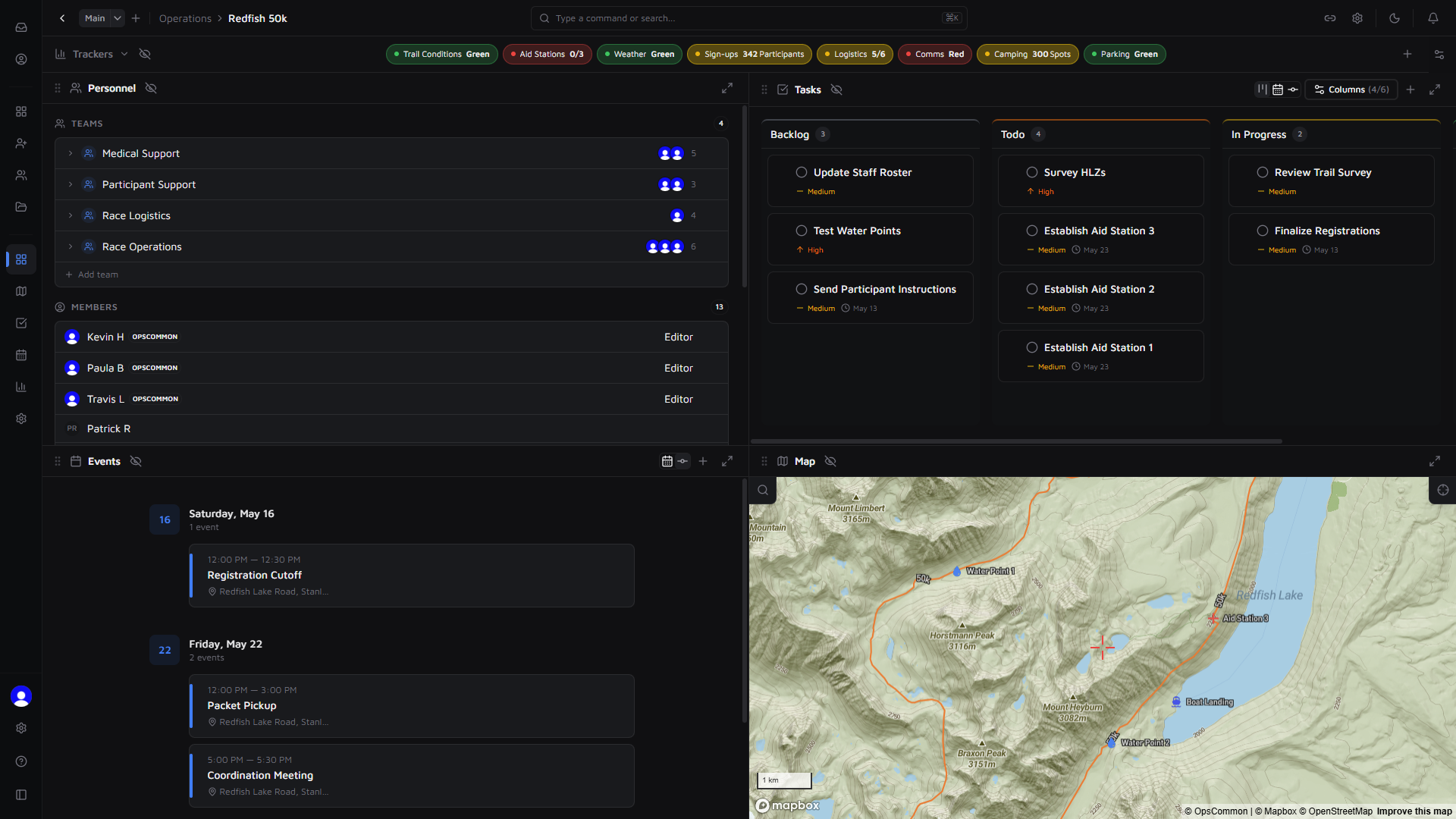 OpsCommon operations workspace — personnel roster, task board, event timeline, and live map in a single view