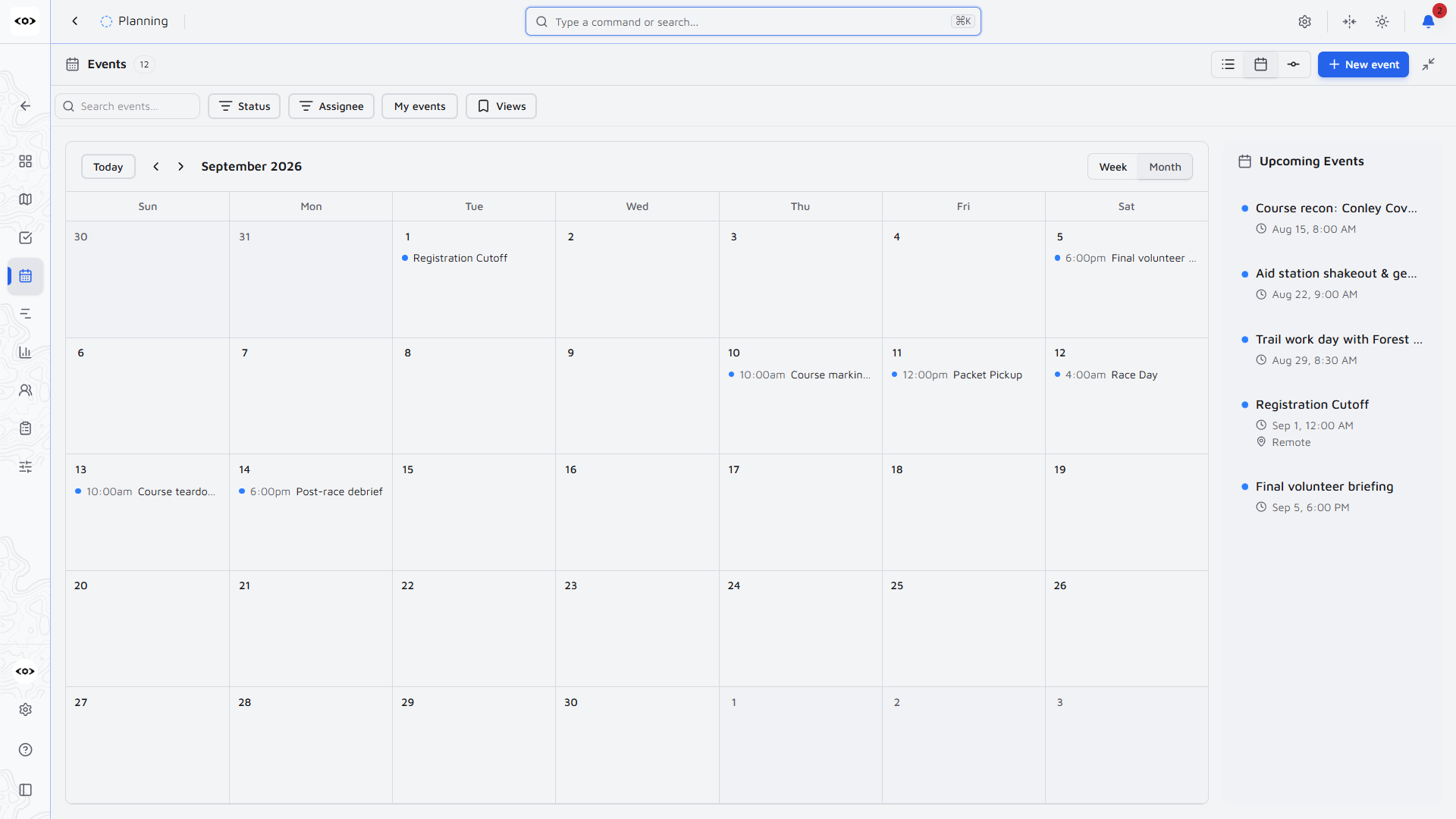 OpsCommon events calendar — month view of scheduled events with an upcoming events list