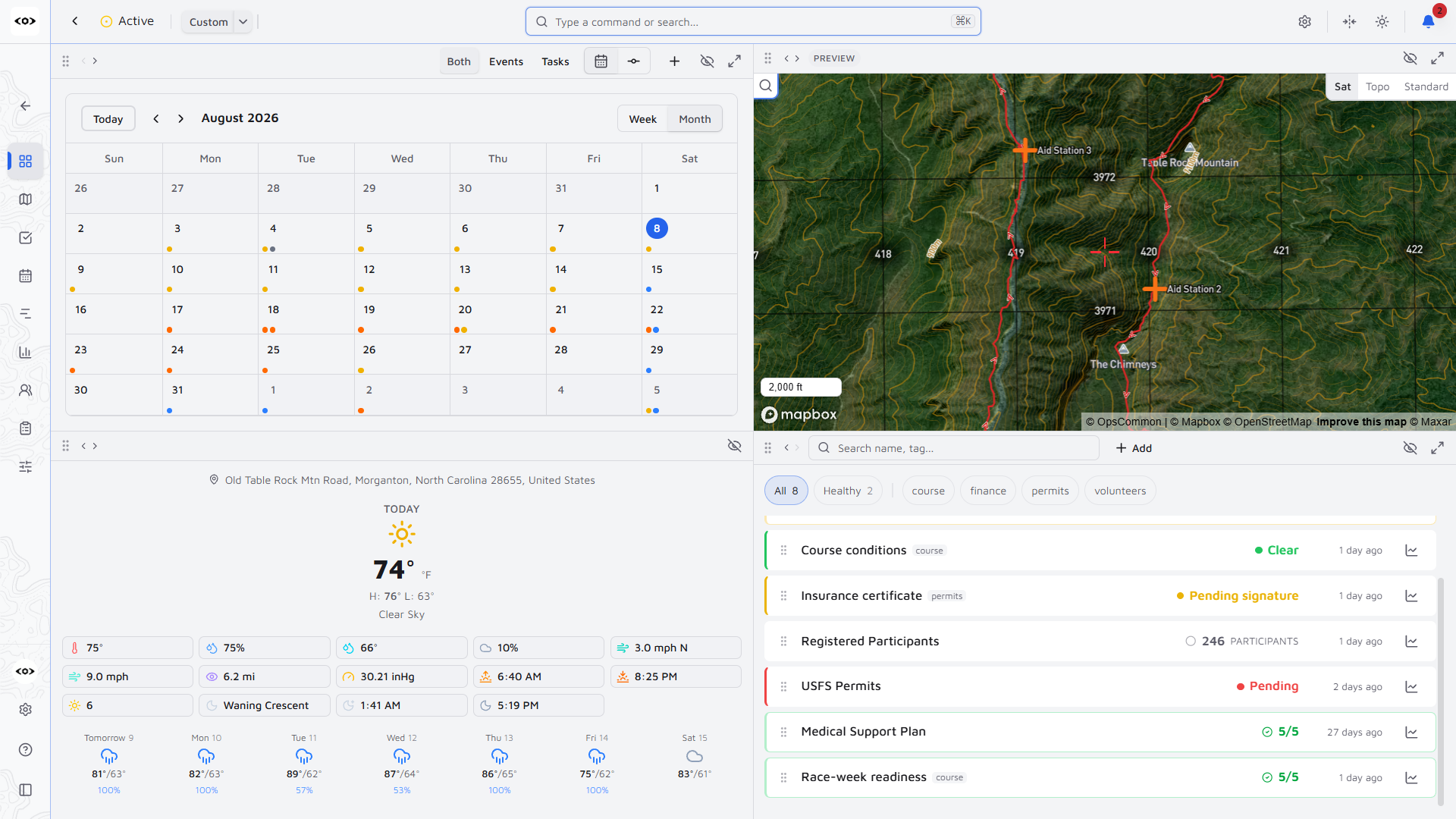 OpsCommon operation overview — calendar of tasks and events, live topographic map preview, on-site weather, and status trackers in a single view